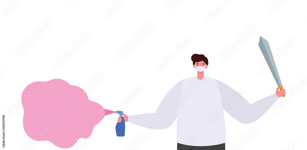 Man with mask sword and spray bottle design of Fight covid 19 virus and stop spread theme Vector illustration Man with mask sword and spray bottle design of Fight covid 19 virus and stop spread theme Vector illustration