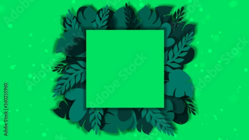 Tropical palm leaves motion graphics square frame template with twinkling particles on green screen. Summer trendy floral cartoon animation made in paper cut out style. Wildlife concept. 