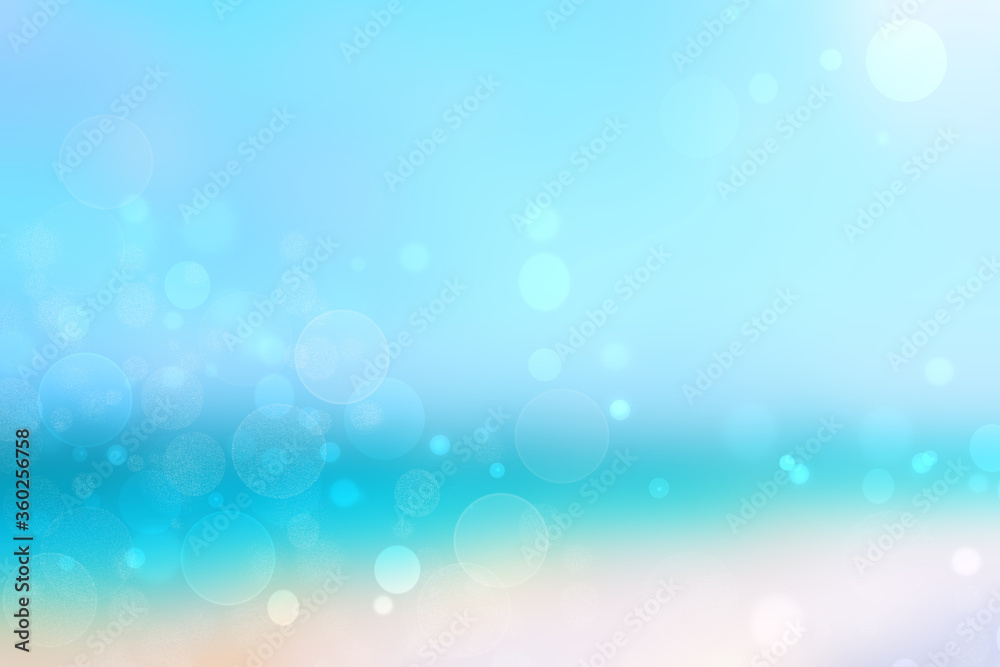 Abstract sea background. Abstract tropical sandy summer beach background with bokeh lights on light blue sky and sun. Beautiful texture. Space.