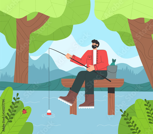 Happy fisherman sitting on wooden bridge with rod and bucket. Forest, nature, mountains, lake on background. Flay style vector illustration.