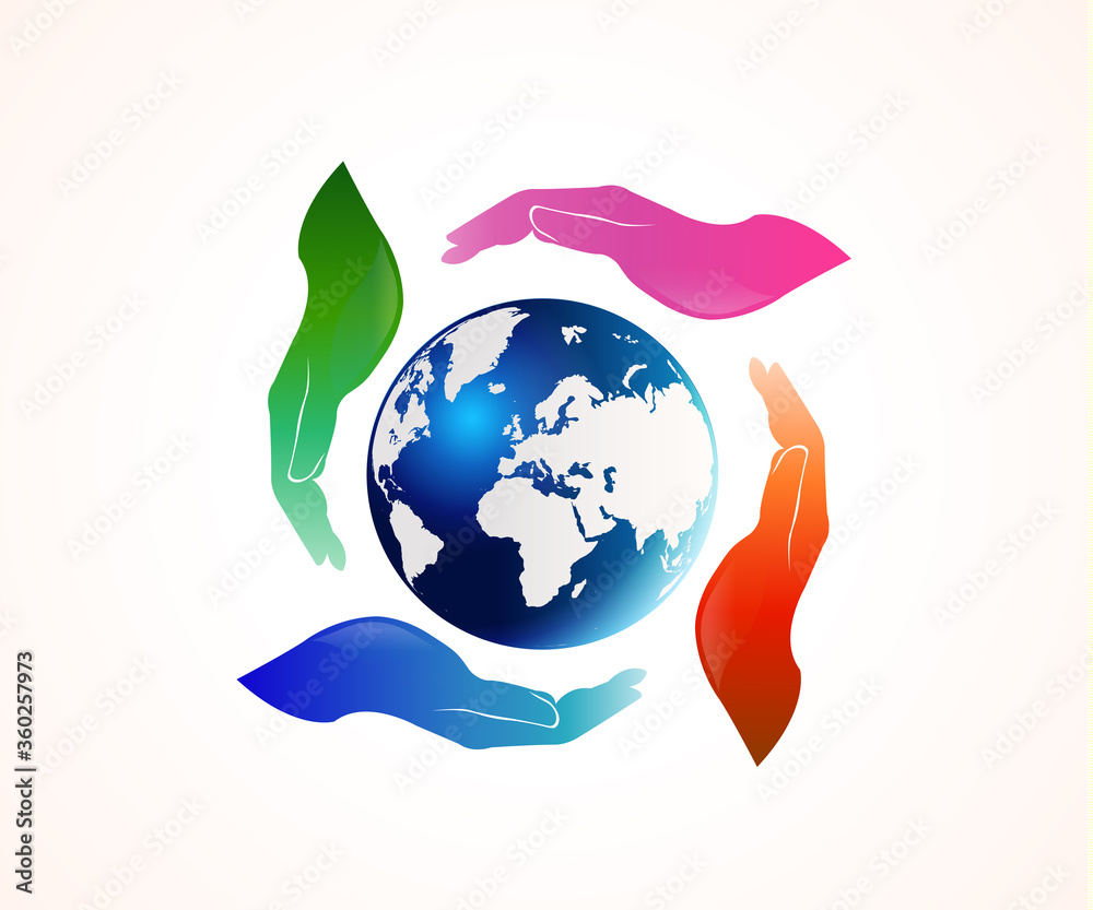 Hands around a globe world map logo vector image Stock Vector | Adobe Stock
