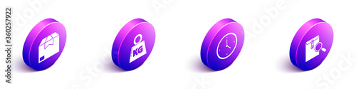 Set Isometric Carton cardboard box, Weight, Fast time delivery and Envelope with magnifying glass icon. Vector