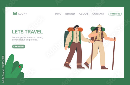 Hiking travel. Man and woman goes in mountain with backpacks. Banner, site, poster template with place for your text. Flat style vector illustration.