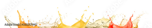 Splashes of different juices on white background. Banner design