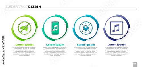 Set Speaker mute, Music player, Dial knob level technology settings and Music note, tone. Business infographic template. Vector
