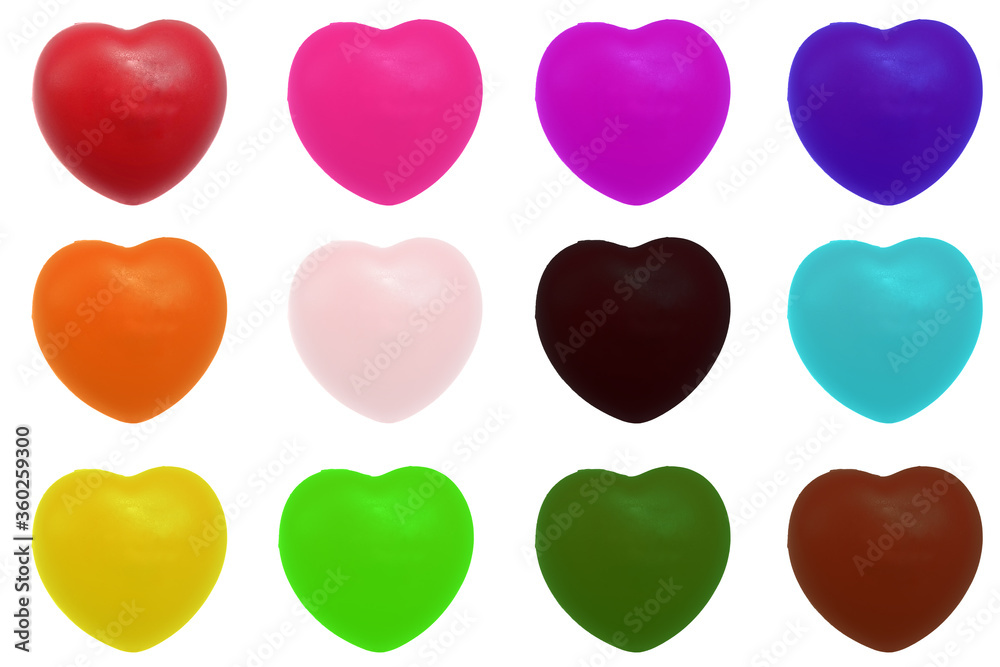 colorful heart isolated on white background. The collection of hearts contains red, pink, purple, blue, yellow, orange, green, black, brown color.