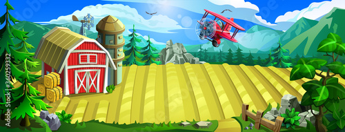 Farm with a sown field, a red barn and aircraft. Vector landscape with a farm, a forest and mountains. 
