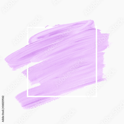 Lavender brush stroke paint over square frame isolated on white background. Vector.