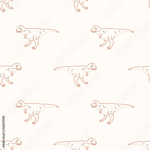 Seamless background Carnotaurus dinosaur with foot print gender neutral baby pattern. Simple whimsical minimal earthy 2 tone color. Kids nursery wallpaper or boho cartoon animal fashion all over print