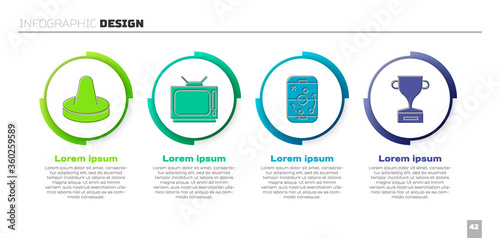 Set Mallet for playing air hockey, Retro tv, Planning strategy and Award cup. Business infographic template. Vector