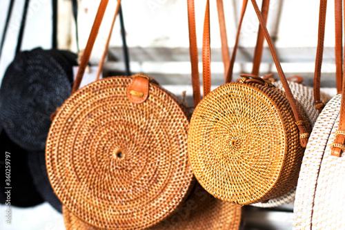 BAMBOO Bags in the row in local market. Trendy fashion on handmade goods. photo