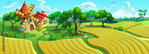 Old windmill among sown fields. Vector panorama of the landscape with a mill.