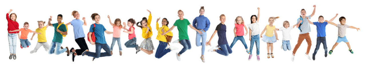 Collage with photos of jumping children on white background. Banner design