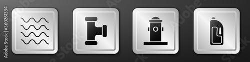 Set Wave, Industry metallic pipe, Fire hydrant and Container with drain cleaner icon. Silver square button. Vector