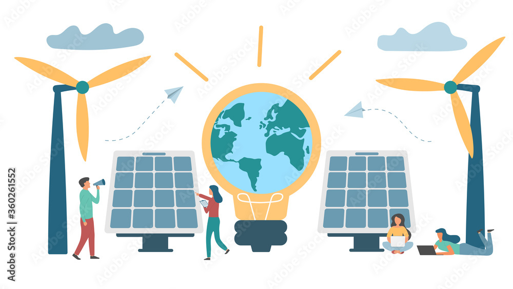 Illustration of alternative energy solar energy concept Solar panel Wind turbine Design for extracting environmental resources and saving energy for the world