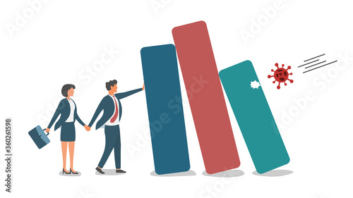 Vector illustration of young business men shaking hands Helped push the bar graph that fell from the economic collapse of the virus COVID-19. Financial crisis policy
