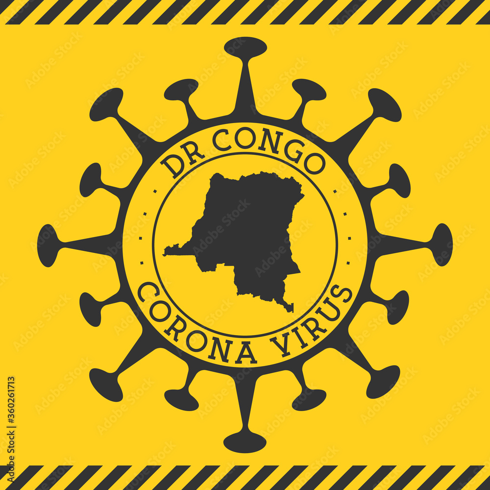 Corona virus in DR Congo sign. Round badge with shape of virus and DR Congo map. Yellow country epidemy lock down stamp. Vector illustration.