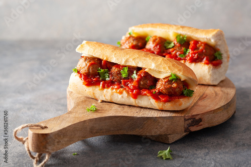 Photos meatball sub sandwich with cheese and marinara tomato sauce