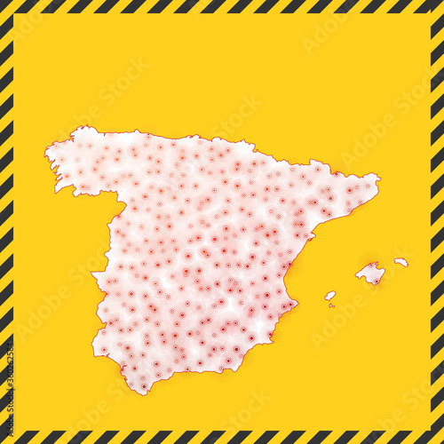 Spain closed - virus danger sign. Lockdown country icon. Black striped border around map with virus spread concept. Vector illustration.