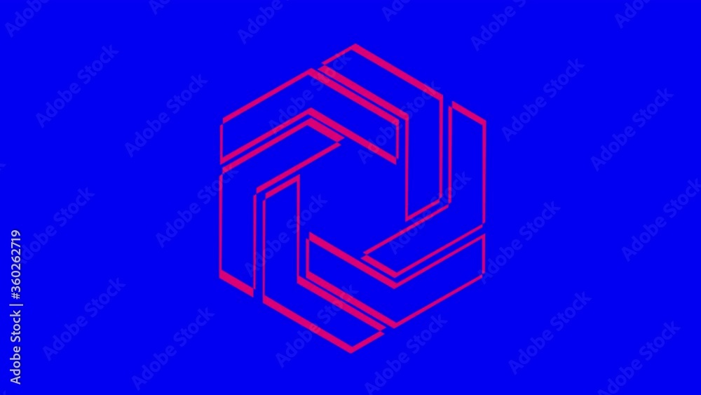 Two colored and overlapping graphic objects, which rotate in the two opposite directions to the center, varying in size, on a background with a hypnotic, psychedelic and stroboscopic effect. Two colored and overlapping graphic objects, which rotate in the two opposite directions to the center, varying in size, on a background with a hypnotic, psychedelic and stroboscopic effect.