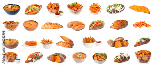 Set of delicious sweet potatoes dishes on white background. Banner design