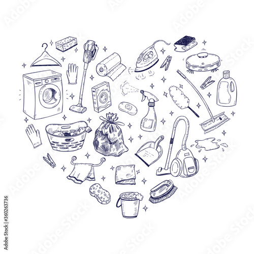 Vector doodle illustration of cleaning equipment in a heart shape