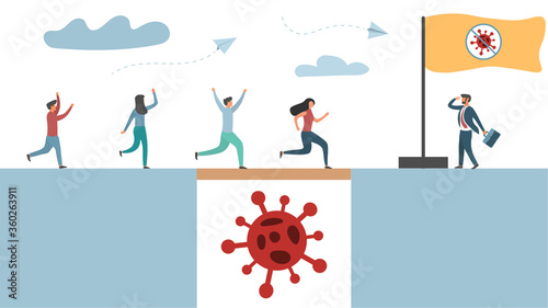Business concept illustration. The theme leader leads his followers to overcome the crisis of the coronavirus COVID-19 epidemic.