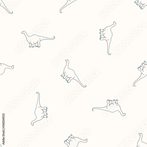 Seamless background Apatosaurus dinosaur gender neutral pattern. Whimsical minimal earthy 2 tone color. Kids nursery wallpaper or boho cartoon animal fashion all over print.