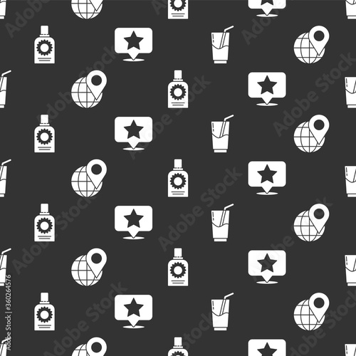 Set Cocktail and alcohol drink, Location on the globe, Sunscreen spray bottle and Map pointer with star on seamless pattern. Vector