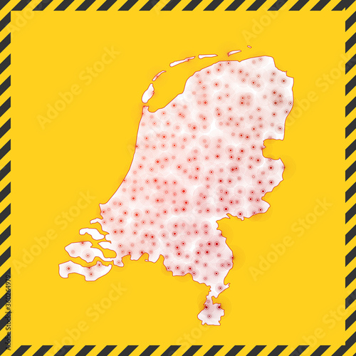 Netherlands closed - virus danger sign. Lockdown country icon. Black striped border around map with virus spread concept. Vector illustration.