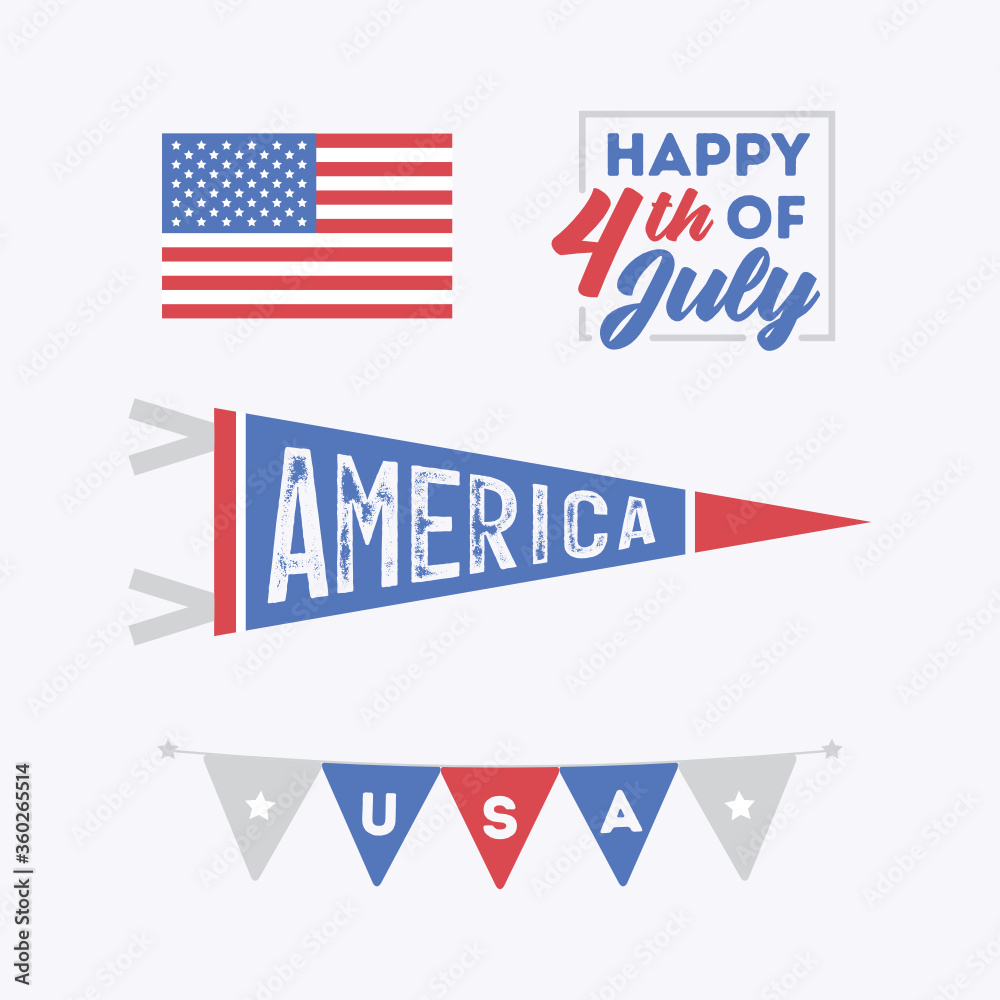 Fourth of July Set, Independence Day United States Flag Pennant Vector Illustration Background