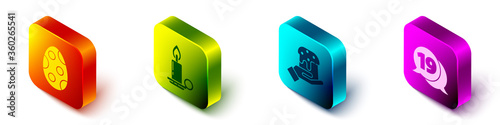 Set Isometric Easter egg, Burning candle in candlestick, Human hand and easter cake and Speech bubble with happy easter icon. Vector