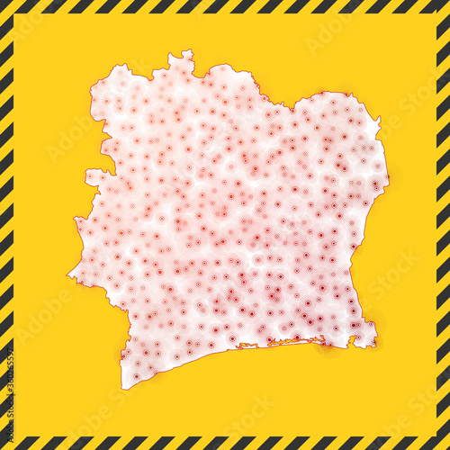 Ivory Coast closed - virus danger sign. Lockdown country icon. Black striped border around map with virus spread concept. Vector illustration.