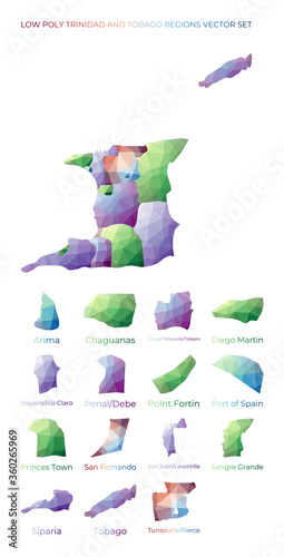 Trinidadian low poly regions. Polygonal map of Trinidad and Tobago with regions. Geometric maps for your design. Charming vector illustration.