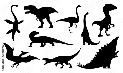Dinosaur silhouettes set. Dino monsters icons. Prehistoric reptile monsters. Vector illustration isolated on white