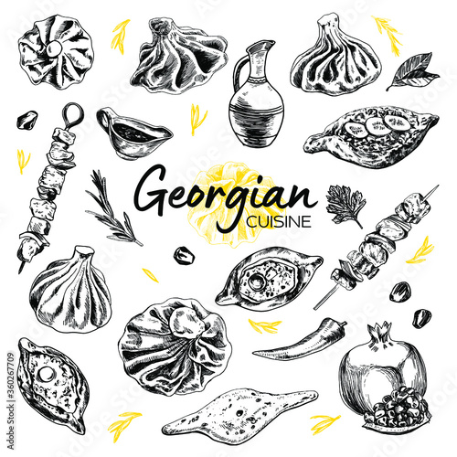 Hand Drawn Georgian Cuisine. Vector illustration of a Georgian food with Dumpling, Khinkali, khachapuri and barbecue photo