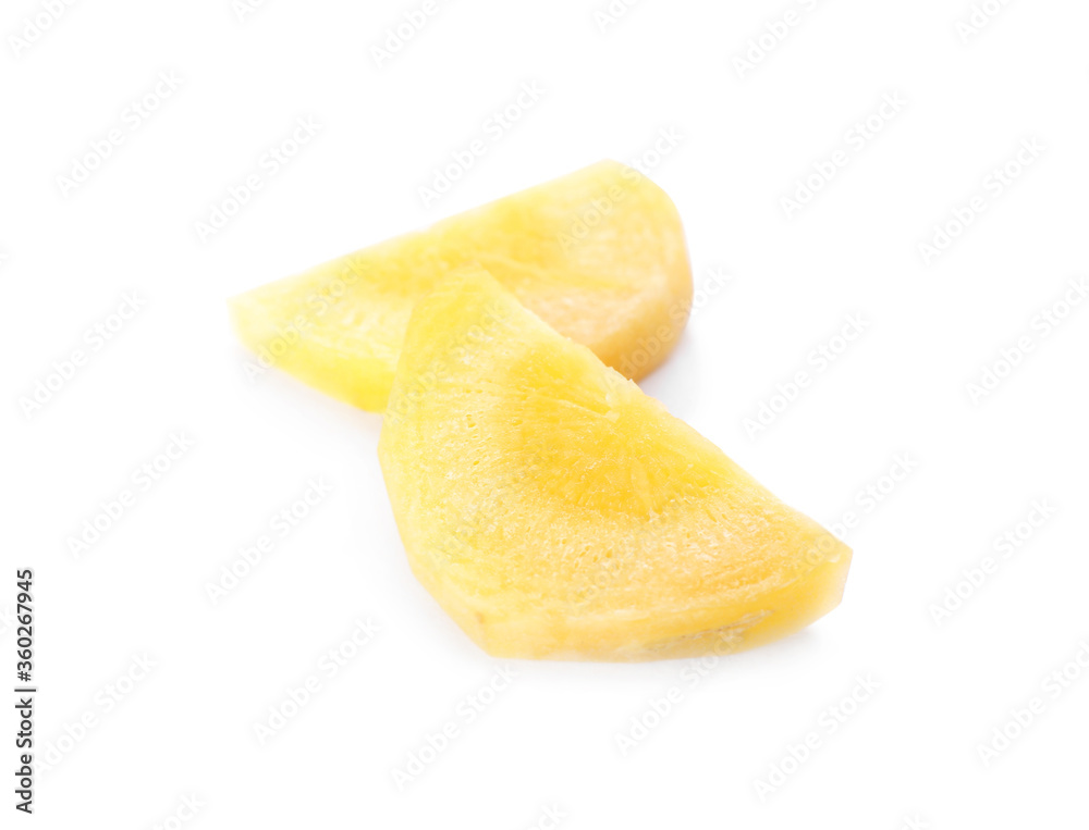 Slices of raw yellow carrot isolated on white Slices of raw yellow carrot isolated on white
