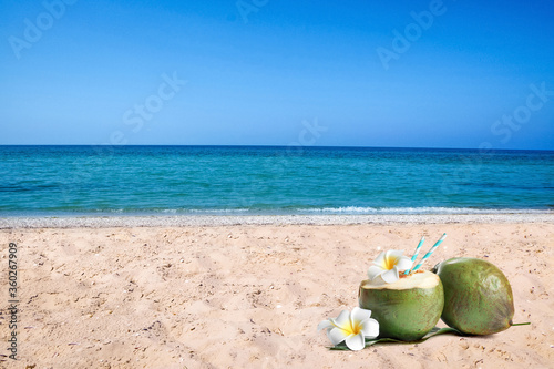 Green coconuts with refreshing drink and beautiful flowers on sandy beach near sea, space for text