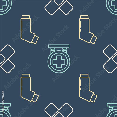 Set line Crossed bandage plaster, Inhaler and Hospital signboard on seamless pattern. Vector