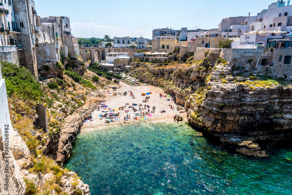The view of the coastal inlet and beach at Polignano a Mare, Puglia, Italy