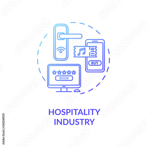 Hospitality industry blue gradient concept icon. Lodging and hotel for tourism. Buy ticket to event. Online booking service idea thin line illustration. Vector isolated outline RGB color drawing