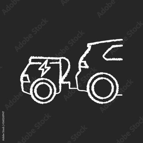 Range extender chalk white icon on black background. Electric vehicle additional energy supply, reserve generator. Electric car with auxiliary power unit isolated vector chalkboard illustration