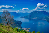 Panorama overlooking Lake Como the city of Bellano and the mountains of Switzerland from the town of Ca 'Maggiore