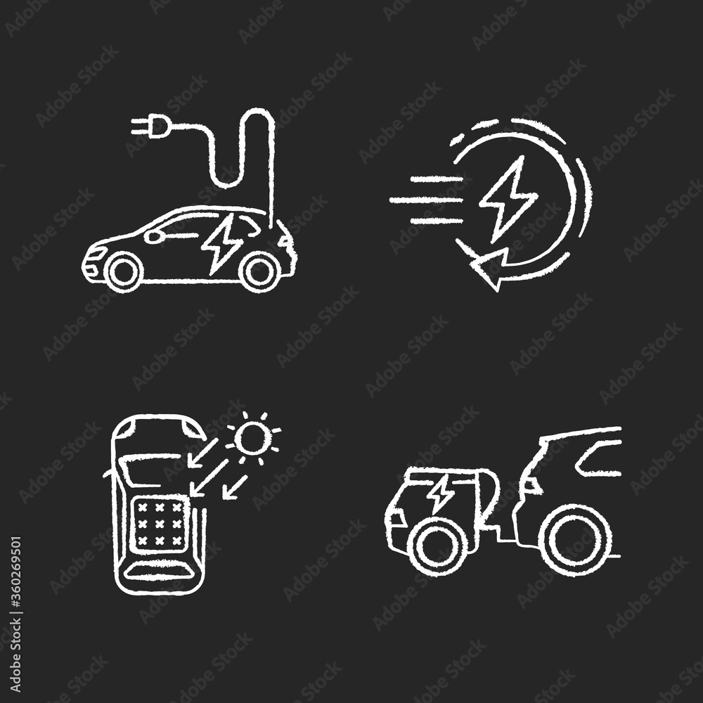 Alternative energy transport chalk white icons set on black background. EV fast charge technology, range extender and solar car. Electric battery vehicles. Isolated vector chalkboard illustrations Alternative energy transport chalk white icons set on black background. EV fast charge technology, range extender and solar car. Electric battery vehicles. Isolated vector chalkboard illustrations