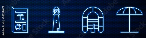 Set line Rafting boat, Travel brochure, Lighthouse, Sun protective umbrella for beach and Diving mask and snorkel. Glowing neon icon on brick wall. Vector