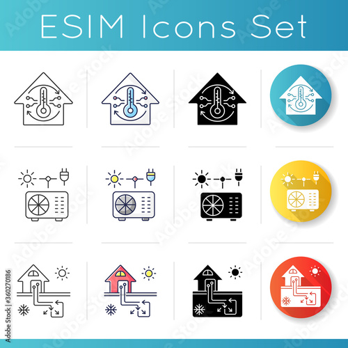 Air cooling and heating icons set. Linear, black and RGB color styles. Home interior environment ventilation. Central, hybrid and geothermal conditioning systems. Isolated vector illustrations