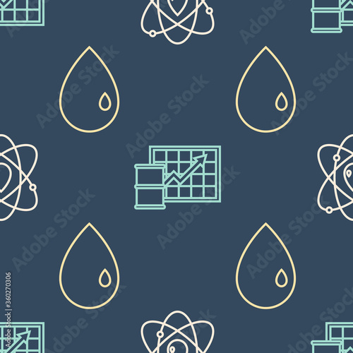 Set line Atom, Oil drop and Oil price increase on seamless pattern. Vector