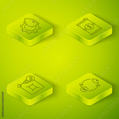 Set Isometric Barrel oil with dollar, Bio fuel canister, Oil exchange and Oil industrial factory building icon. Vector