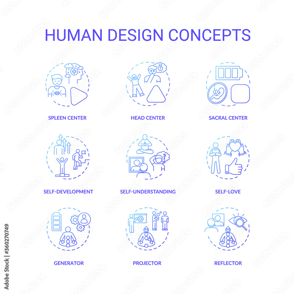 Human design blue gradient concept icons set. Improve self understanding. Accept oneself. Chakra type. Individuality idea thin line RGB color illustrations. Vector isolated outline drawings
