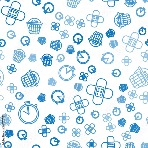 Set line Stopwatch, Crossed bandage plaster and Hockey helmet on seamless pattern. Vector